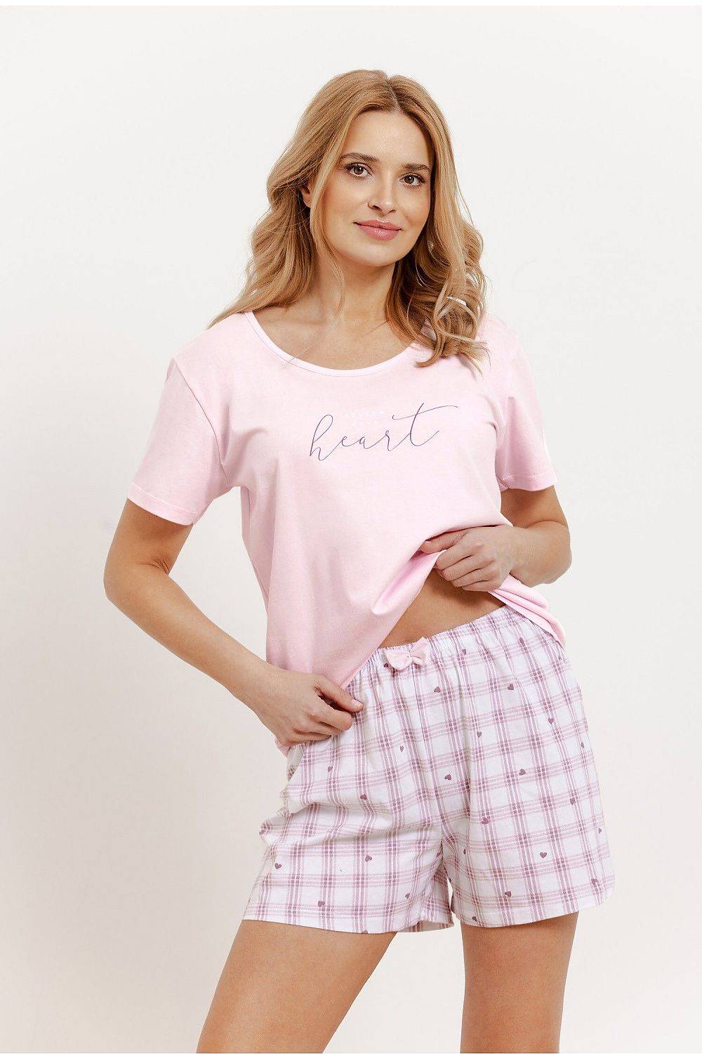 Taro - Soft Cotton Heart Slogan Relaxed Pajama Set - Pink - M