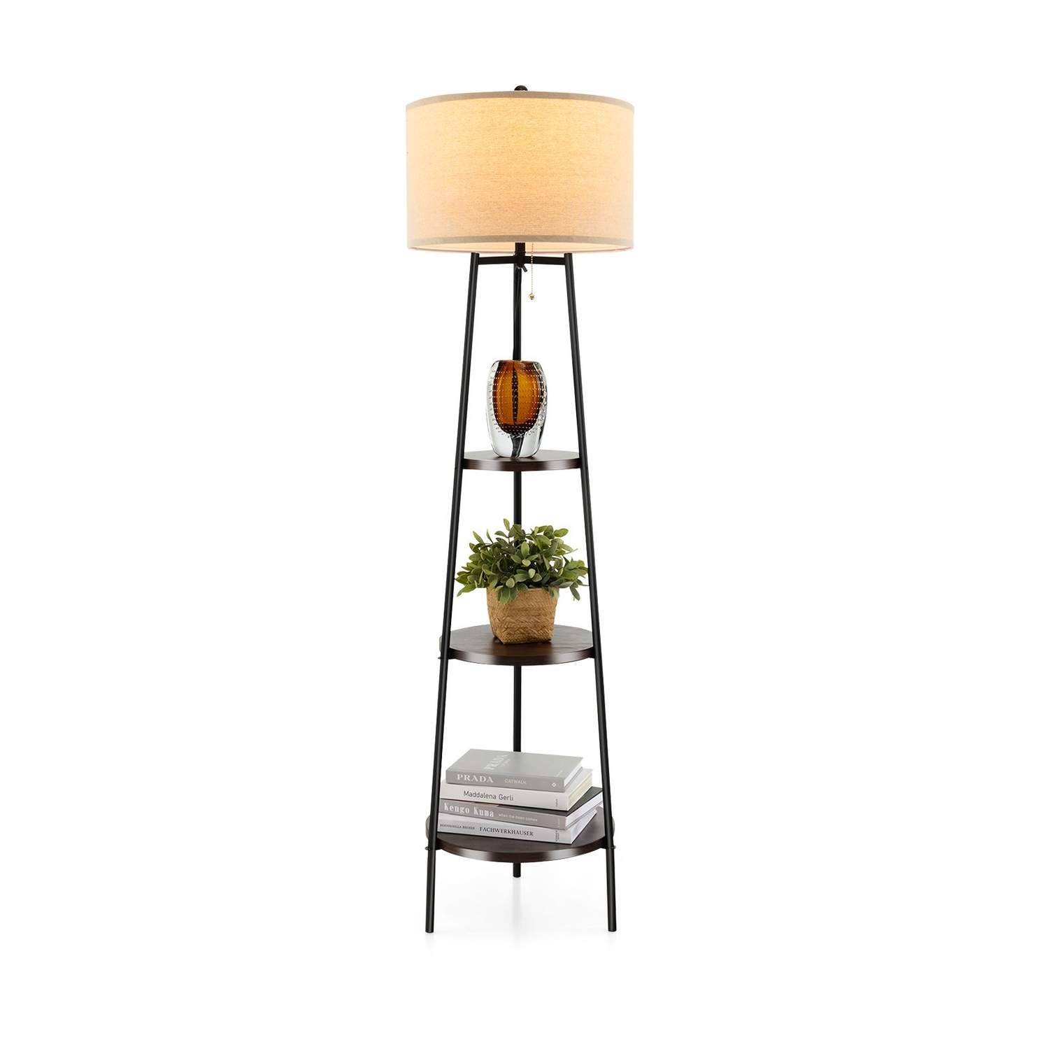 Golvlampa med hyllor – linneskärm, E27 sockel