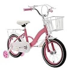 Fliuyr Barncykel, 14 tum, barncykel för 2–7 år, flickcykel gammal med stödhjul, returbroms, korg, barncykel för flickor/ungdom, rosa