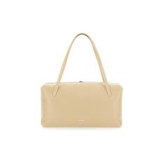 'goji Pillow' Beige Shoulder Bag With Clasp Closure And Logo Lettering On The Front In Leather Woman