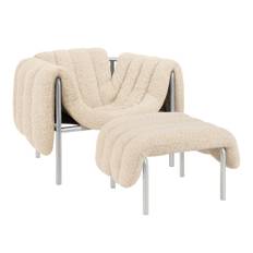HEM - Puffy Lounge Chair + Ottoman - Eggshell/Stainless - Lænestole - Faye Toogood - Sølv,Beige - Bomuld/Naturmateriale/Metal/Syntetisk/Skum/Plast