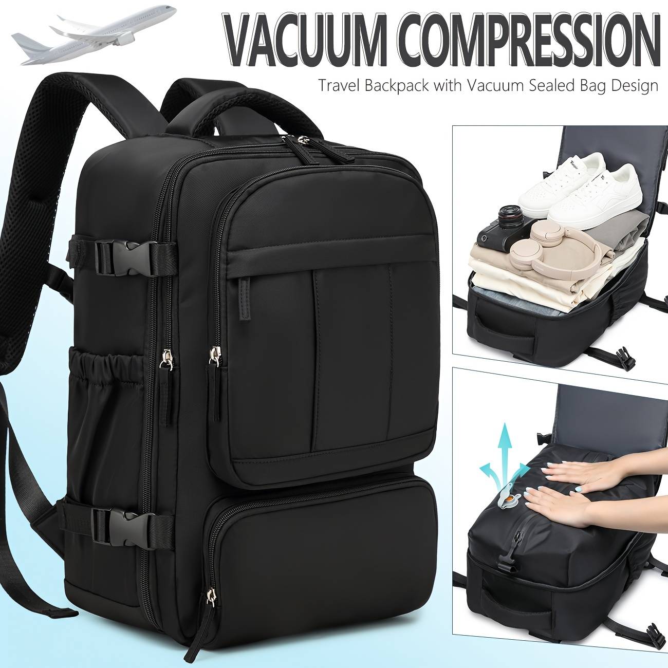 Vacuum Compression Travel Backpack, Ryanair Carry-on Size , Air Pump Set Included, Laptop Bag, Multi-compartment, Large Capacity, Nylon Material, Durable And Sturdy, Meeting Travel Needs