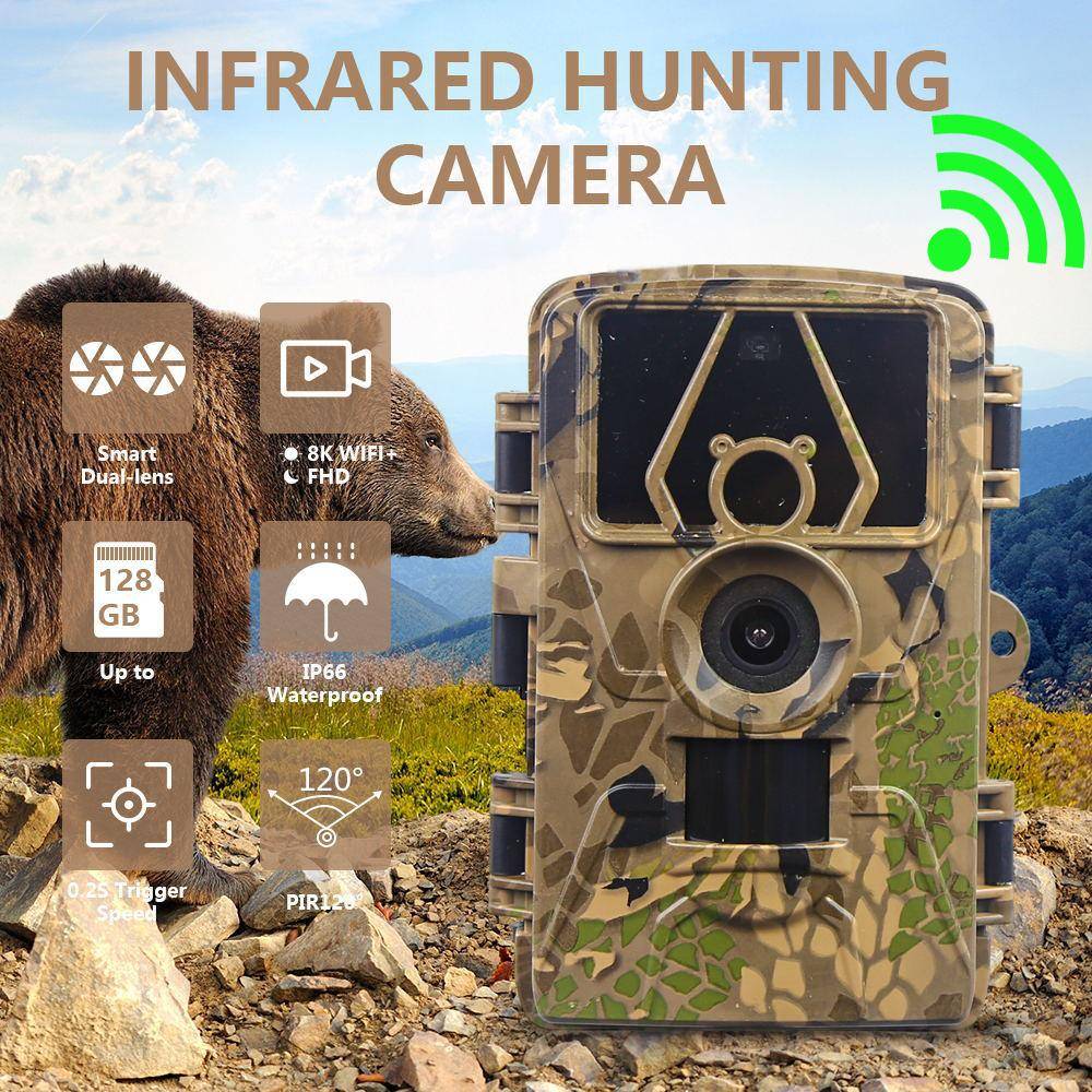 8K WiFi Åtelkamera 130° Detektionsvinkel 60MP Vattentät Utomhus Djur Jakt Åtelvideo Fotofälla Vildkamera APP-kontroll