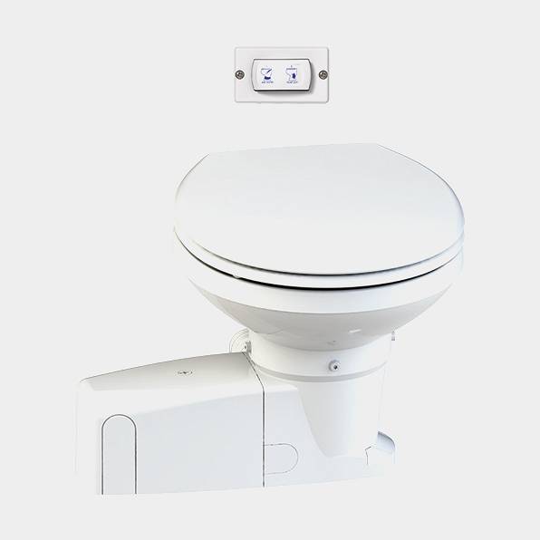 Eltoalett båt Sanimarin Maxlite+, liten skål, SoftClose, 12V, med tryckknappspanel, för sjövattenfyllning + pump