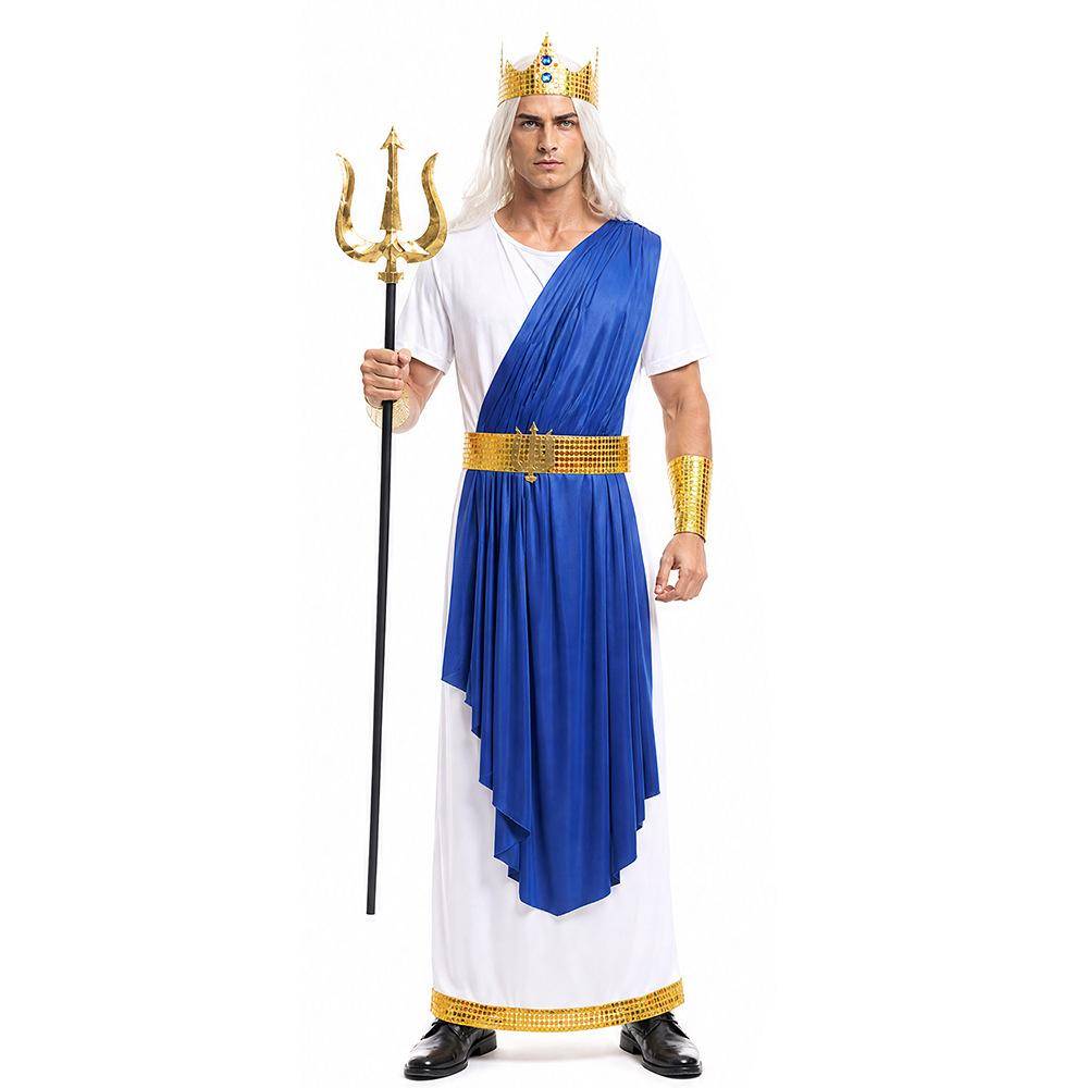 Adult Poseidon Sea God Costume Men Ancient Greek Robe Halloween Mythology Cosplay Outfit Stage 175-185cm