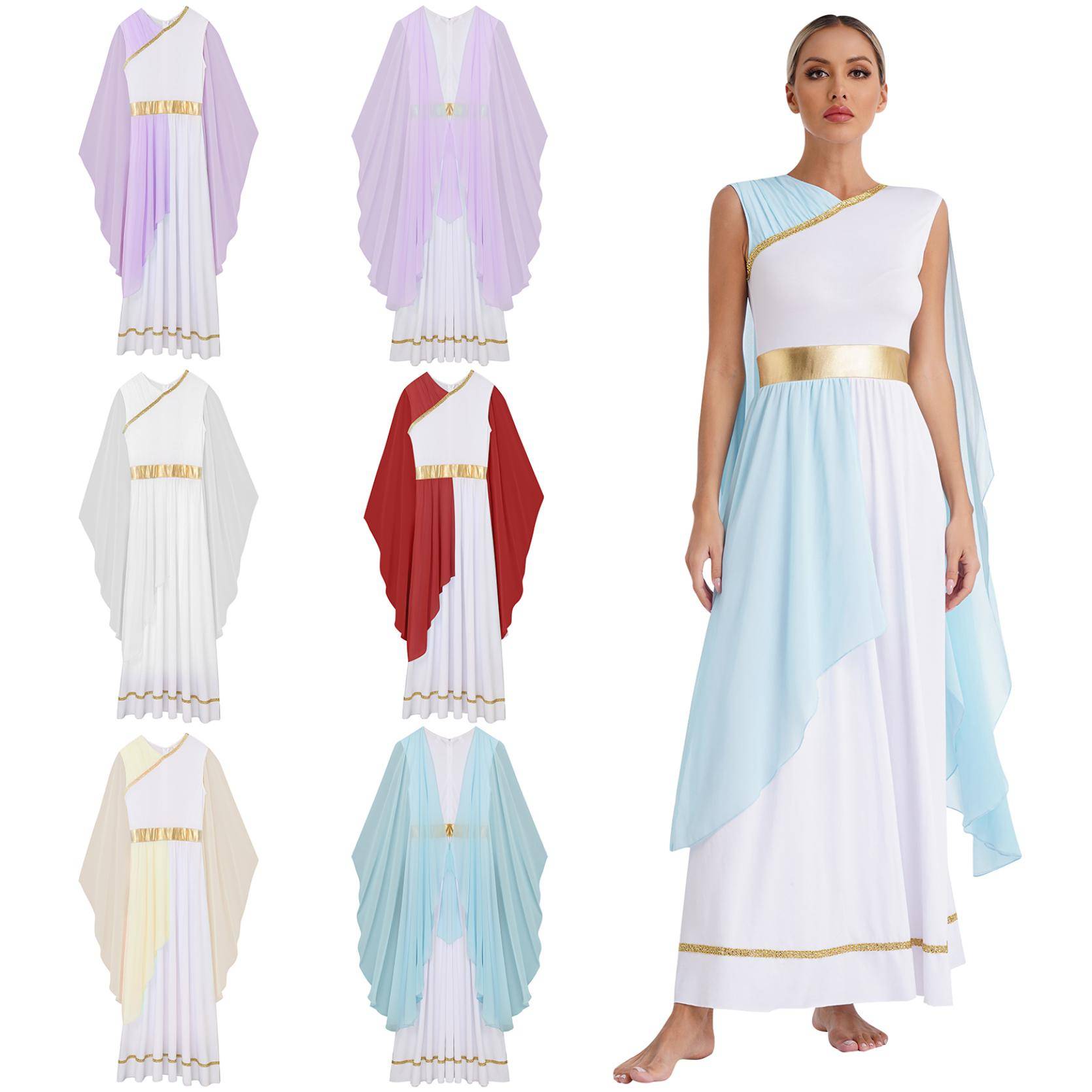 Kvinnors Halloween grekiska Beaty Cosplay Kostymer Chiffong Keps Ärm Guldkanter Ancient Toga Grekland Roman Queen Dress Up Klänning cm