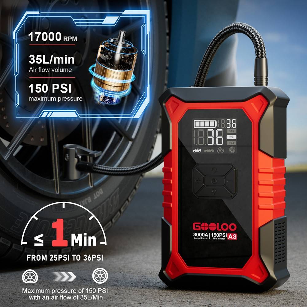 GOOLOO A3 3000A 12V Car Jump Starter With 150PSI Tire Inflator Air Compressor 35L/min LED Display Power Bank For Gas Diesel Car Truck Emergency Booster