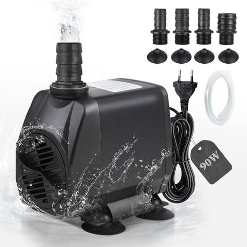 EXLECO Akvariepump, 4 500 l/h 90 W , dränkbar pump, vattenpump, fontänpump, eko-filterpump, ultratyst fontänpump med 2 m kabel, 4 munstycken, slanganslutningar för akvarium, fontän, stenträdgård