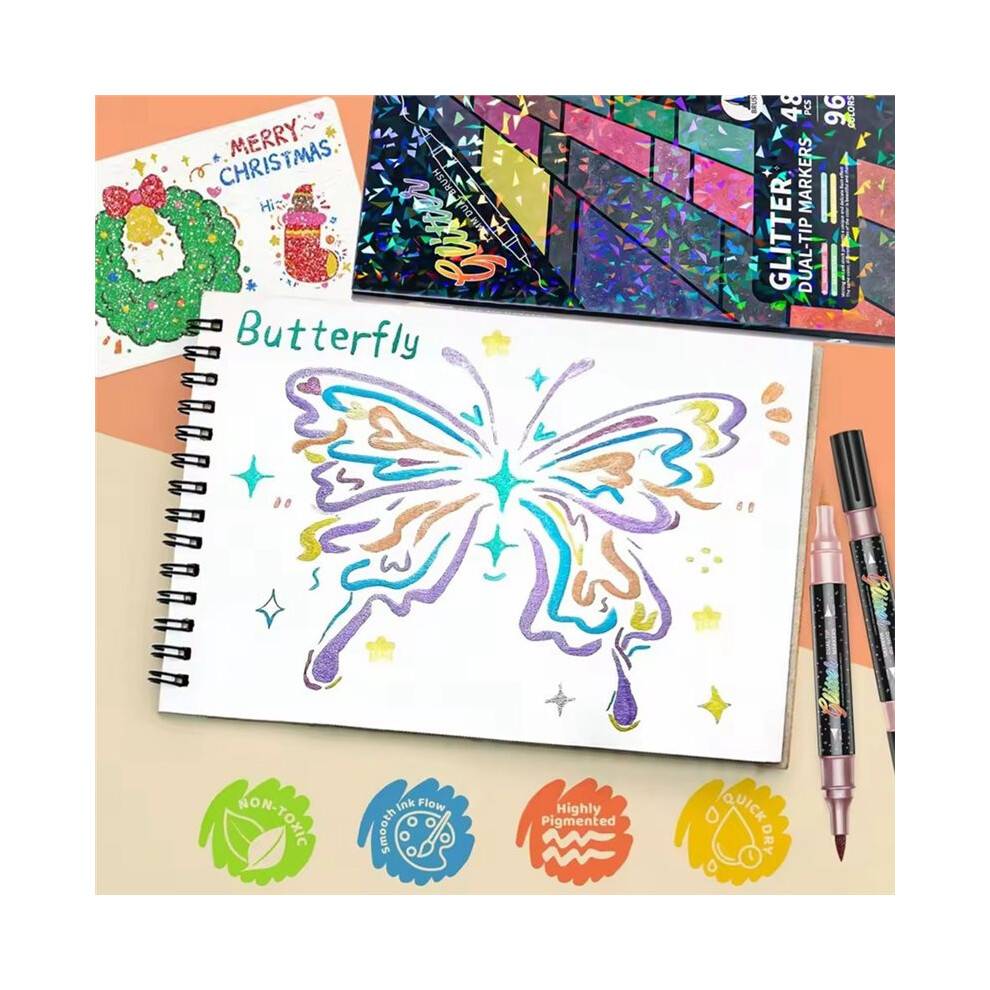 Glitter Effect Brush Markers for Doodle Writing, Dual Tip Dual Color Shimmer 24 Colors