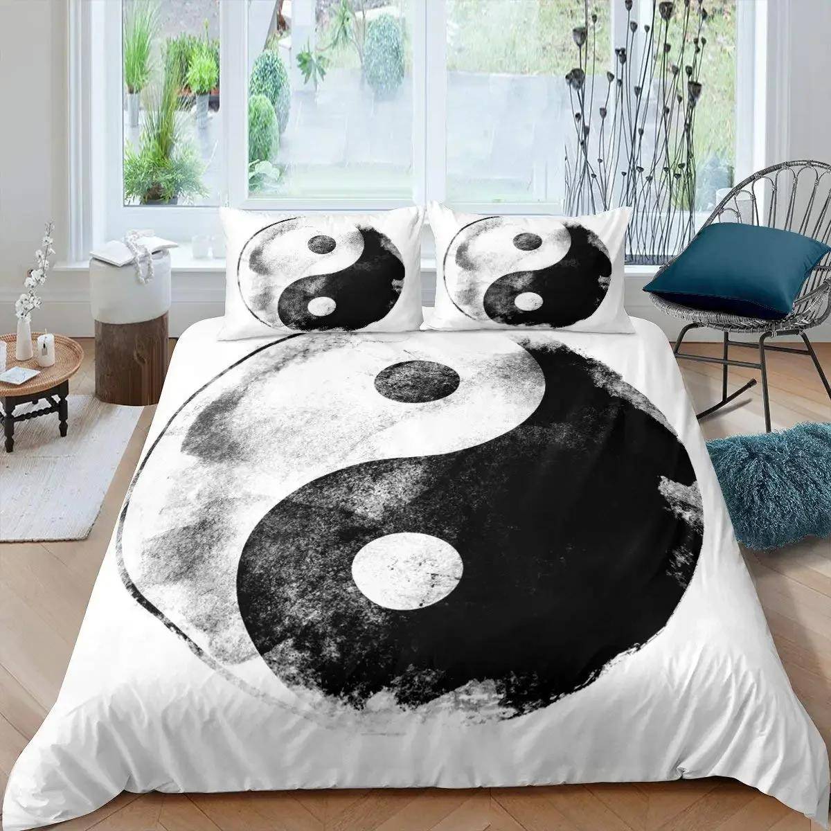Yin Yang Påslakanset Boho Trippy Art Twin Täcke Örngott Traditionellt Ying Yang-tema King Size Polyester Quiltöverdrag