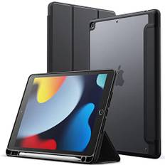 JETech Matt Hülle für iPad 9/8/7 (10,2 Zoll, Modell 2021/2020/2019, 9./8./7. Generation) mit Stifthalter, Mattierte Durchscheinende Rückseite Schlank Ständer Tablet Schutzhülle (Schwarz)