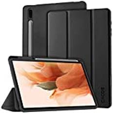 CACOE Fodral för Samsung Galaxy Tab S7 FE 12,4 tum 2021 (SM-T730/T736B) och Tab S7 Plus 2020 inbyggt plumier, ultratunt TPU-fodral med automatisk väckarklocka/sömn, svart