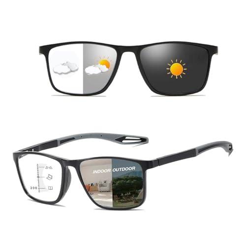 Snygga progressiva multifokala fotokromatiska läsglasögon för män och kvinnor, TR90-glasögon med flexibla bågar, blåljusskyddande läsglasögon(Black/Grey,2.0 x)