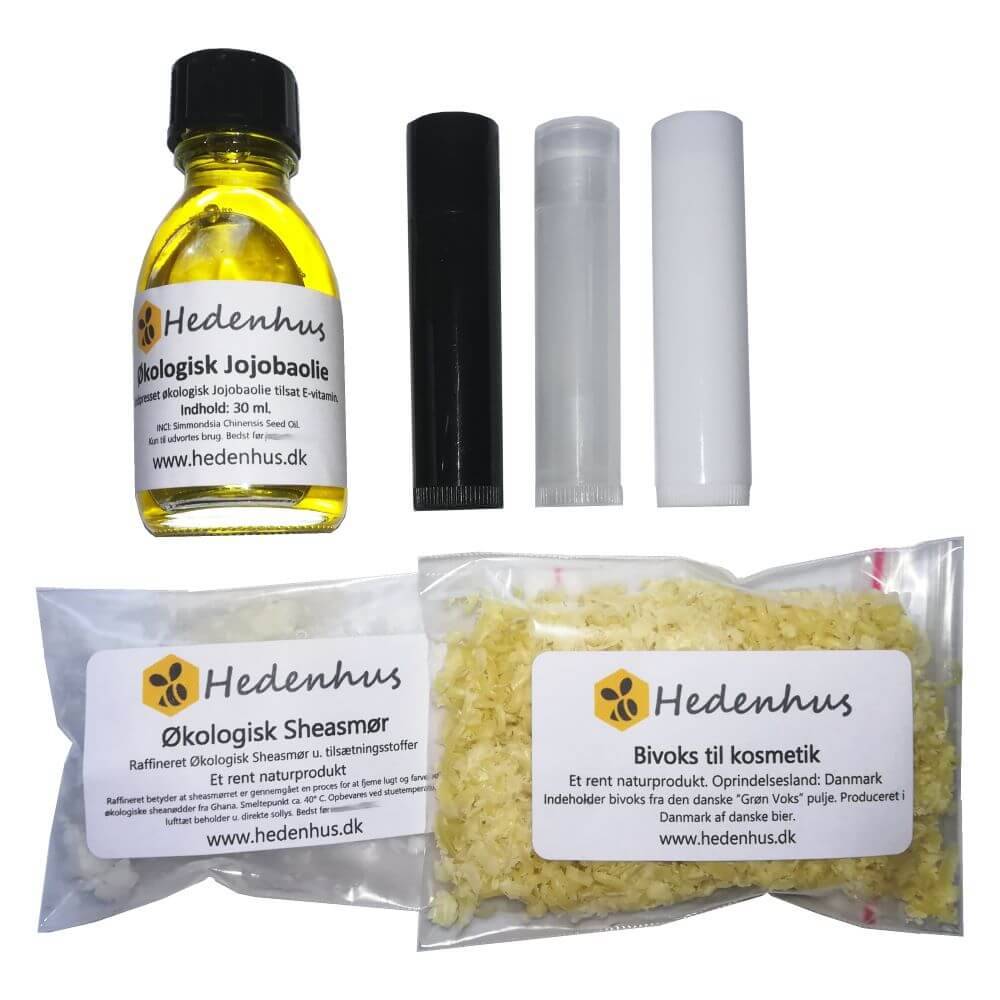 Lav selv læbepomade DIY sæt - Naturlige ingredienser, dansk bivoks, sheasmør - Hedenhus - Nok til 8 læbepomader, vælg hylster