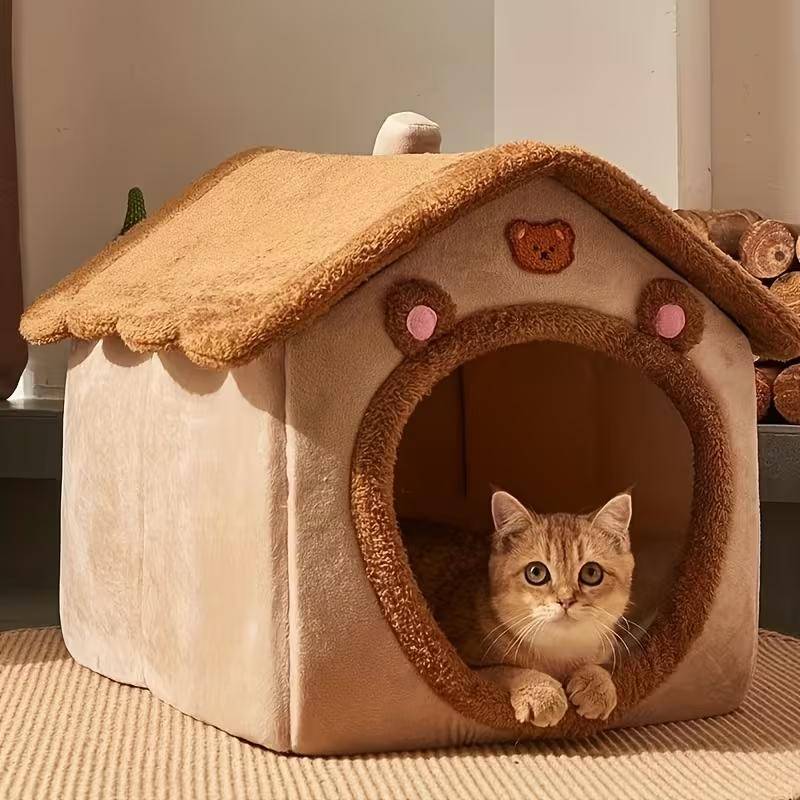 Varmt katthus/säng för innekatter och små hundar, Avtagbar tvättbar husdjurssäng med mjuk kudde, Mysigt vinterbo för husdjur