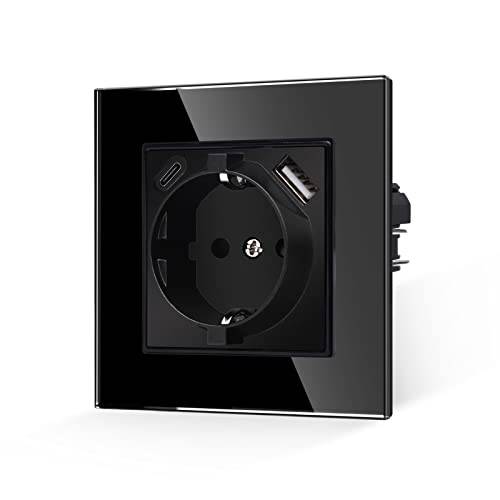 Jimeida eluttag med USB-A & C, glas svart, 16 A, 86 mm x 86 mm