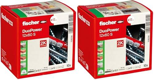 fischer DUOPOWER 12 x 60 S, Universaldübel mit Sicherheitsschraube, 2-Komponenten-Dübel, Kunststoffdübel zur Befestigung in Beton, Ziegeln, Stein uvm., 10 Dübel + 10 Schrauben (Packung mit 2)