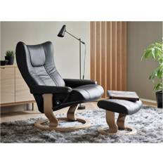 Stressless® Wing classic medium stol inkl. skammel - kampagnemodel (Paloma okselæder - Sort, inkl. skammel, Classic stel egetræsbejdset)