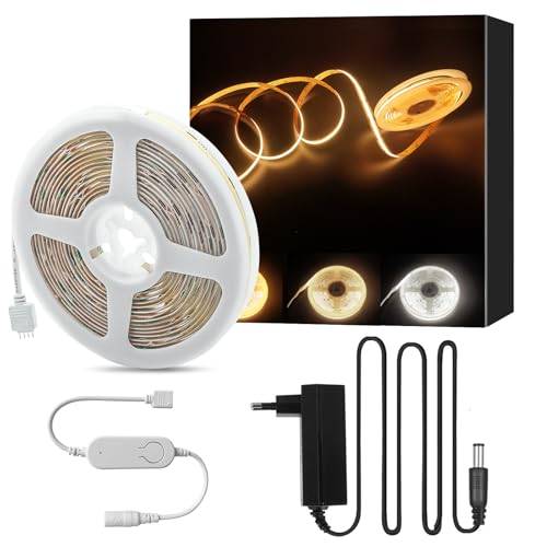 JBdusn CCT COB LED-remsa 5m, 576 LEDs/m dimbar 2700-6500K Cob LED Strip-ljus med Tuya-kontroll och nätadapter, kapbar dubbelt vitt ljus LED Strip Light COB LED-band för skåp,sovrum,TV,DIY Dekor