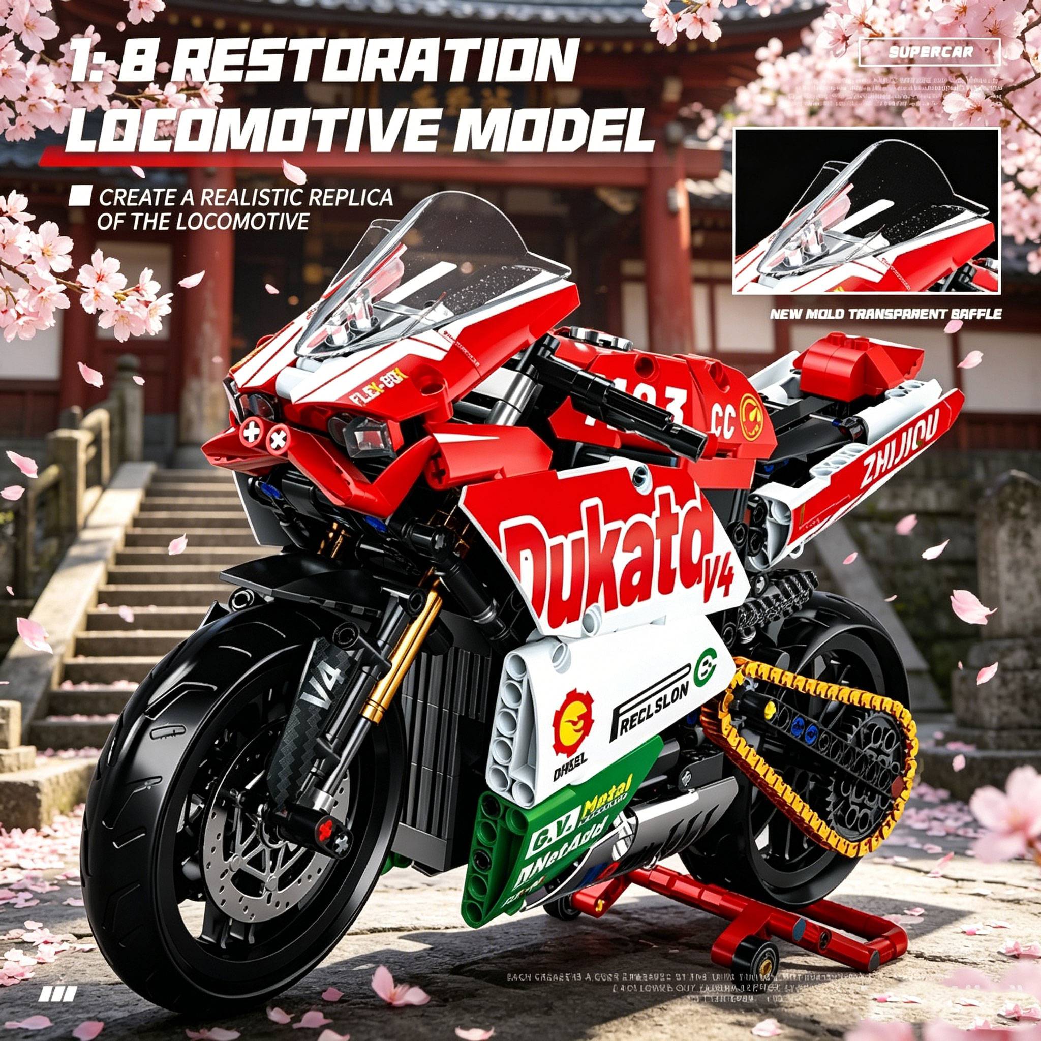 MOCV4s Motorcycle Building Set, Super Racing Model with Display Stand, Adult STEM Toys and Playthings, Boys' Gift