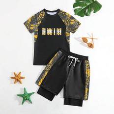 Tween Boy Letter Print Raglan Sleeve Top och tryckta shorts 2 delar Badkläder - Gul (8Y,9Y,10Y,11Y,12Y)