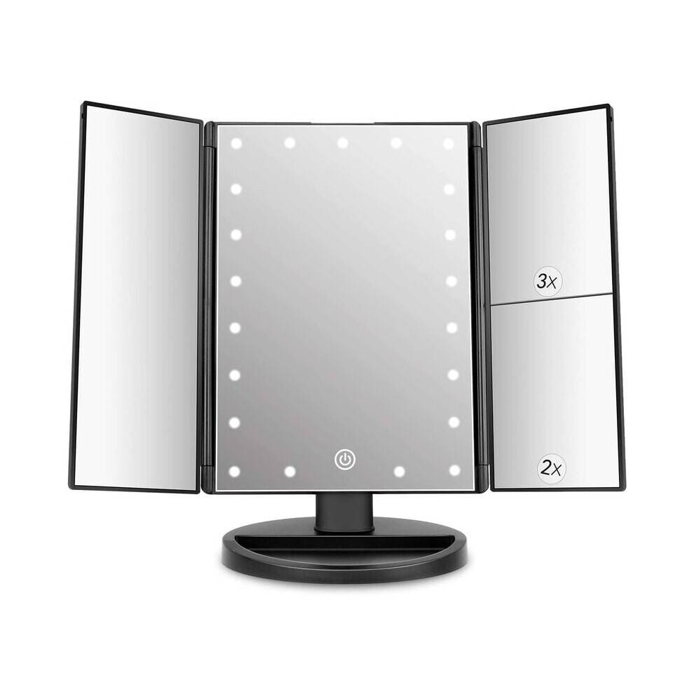 Glow Getter, Tri-Fold Vanity Spejl med LED-lys, Opladelig & Dobbelt Power, 180 graders rotation, Rejsevenligt makeupspejl (Sofistikeret sort)