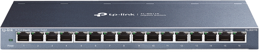tplink 16-Port desktop switch, Gigabit, plug and play, white.