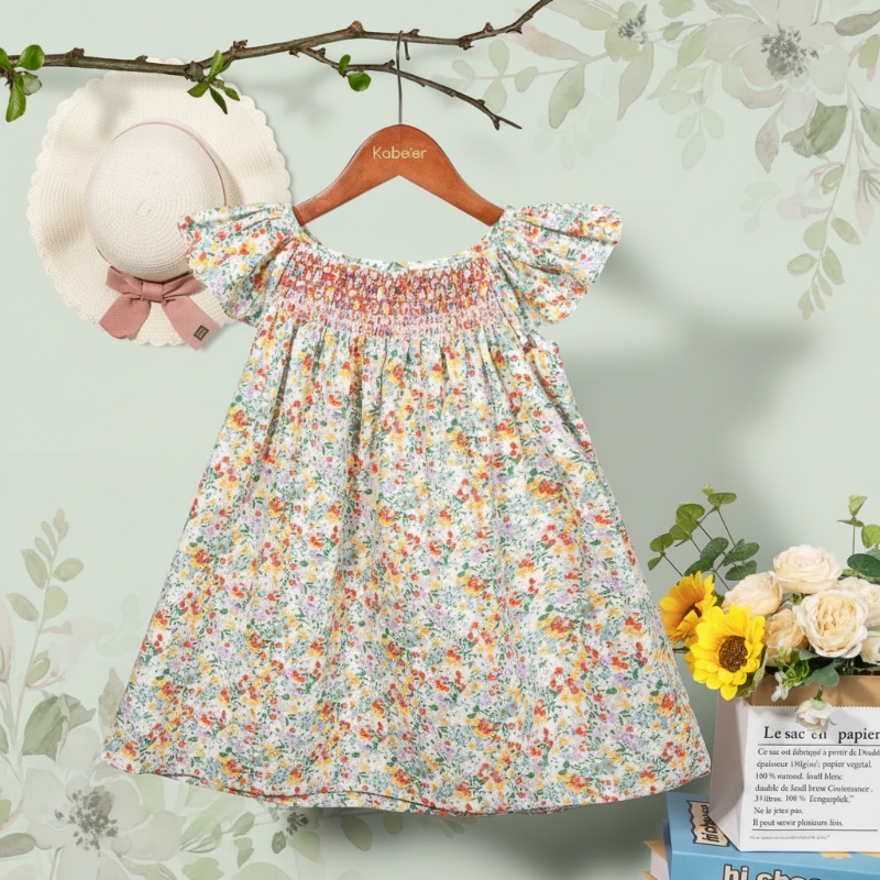 Floral Dress – Lätt och luftigt – Fladdrande ärmad klänning för flickor Våräng / 90 (12-24 månader) | Pedagogiska Träleksaker