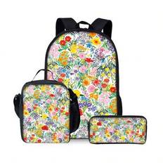 Floral Pattern Printed Backpack Three Pieces Set (Single-Layer Backpack + Shoulder Strap Lunch Bag + Single-Layer Pencil Bag) - Black