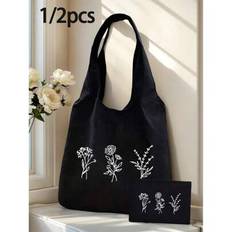 Floral Pattern Printed Canvas Shoulder Bag, Y2k, Printed Black Vest Handbag And Black Small Bag, Essential For Beach Vacations, Personalized Wedding G - Black - Small Bag (1 Piece),Large Bag (1 Piece),Big Bag + Small Bag (2 Pieces)