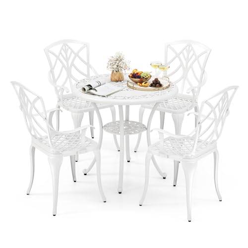 GOPLUS 5 delar. Set med trädgårdsmöbler, trädgårdsbord bistrobord set med 4 stolar av aluminium, balkongmöbler set, trädgårdsset för 4 personer, sittgrupp för balkong, trädgård, terrass, vit