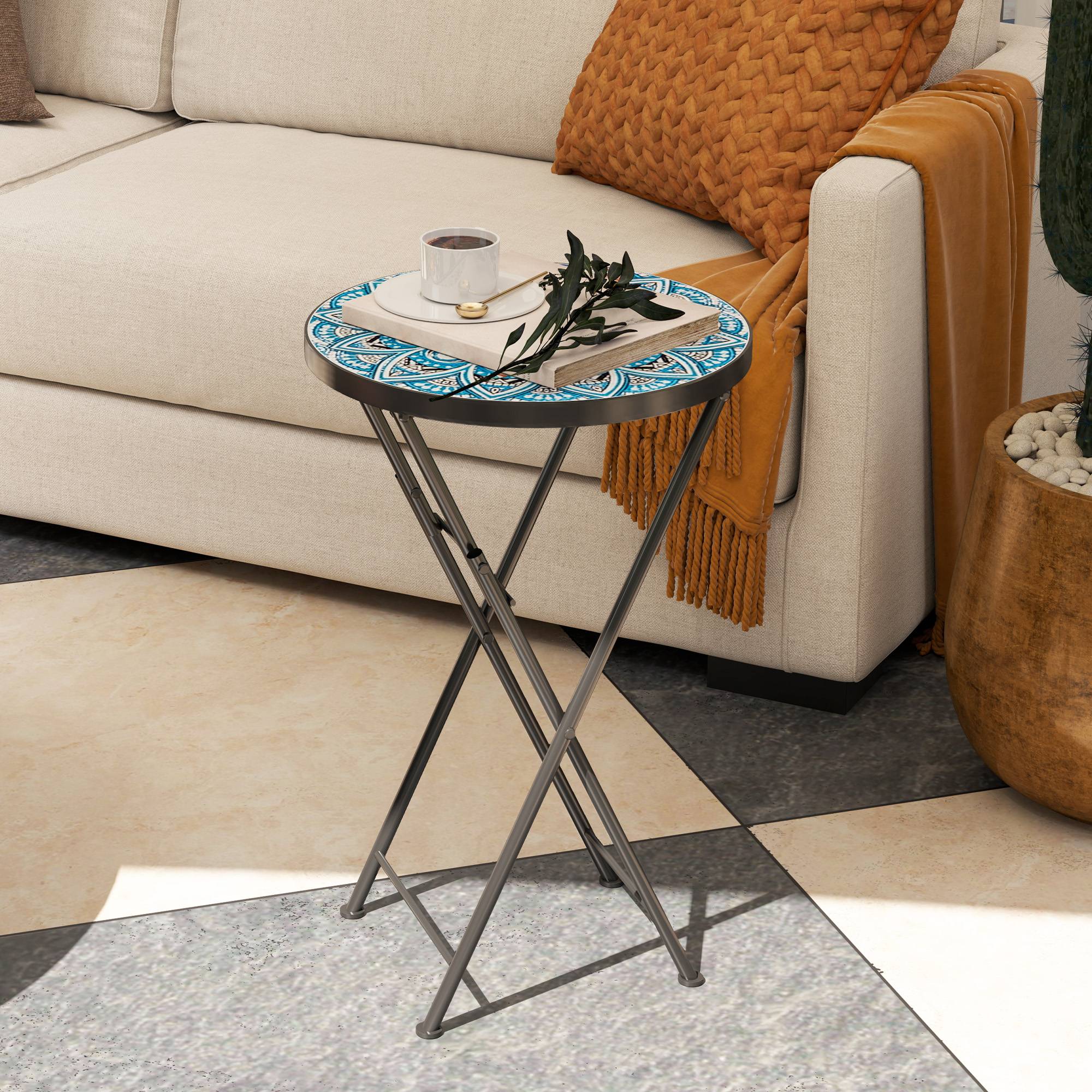 Foldbart sidebord med mosaikdesign, Ø35,5 x 55 cm, rundt, vejrbestandigt, metal balkonbord, campingbord, foldbart sofabord til stuen, kontor, udendørs, indendørs, blå