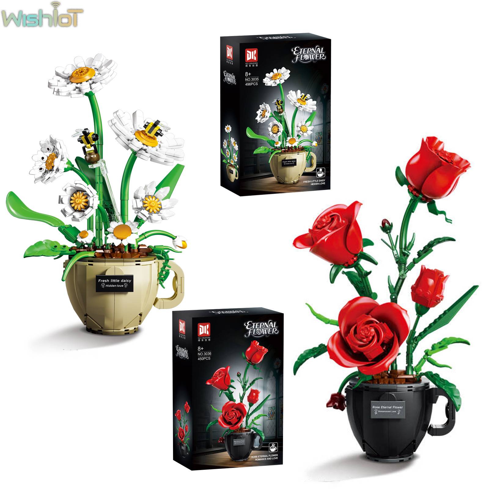 MOC Coffee Cup Flower Building Blocks Potted Plants Bouquet Rose Daisy Eternal Flowers Model Home Decor Puzzle Toy Romantic Gift