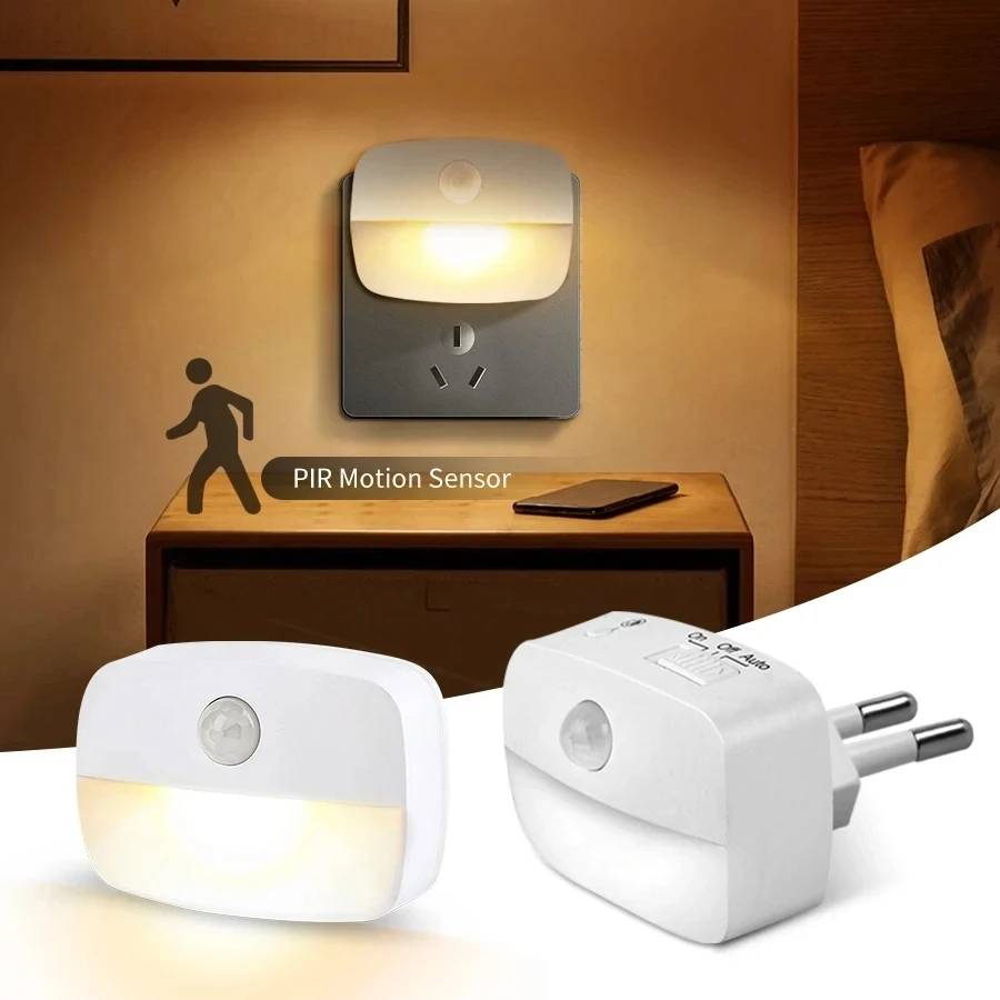 Led Night Light With Motion Sensor EU US Socket AC 85-265V Pir Human Induction Lamp 3 Colors Plug In Wall For Bedroom Hallway