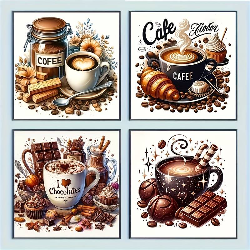 TEMU 4pcs Coffee Theme Diamond Painting Kit, 20x20cm Round Acrylic Diamond Mosaic, Art, Warm Decor For Home And Office