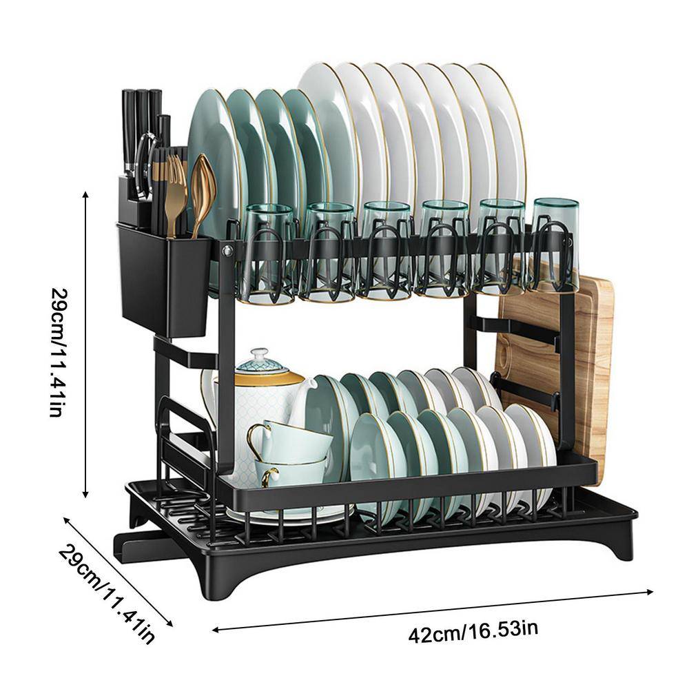 2 Tier Dish Drying Rack Kitchen Counter Dish Organizer Rack With Drainboard And Utensil Holders Carbon Steel Dish Drainer Set
