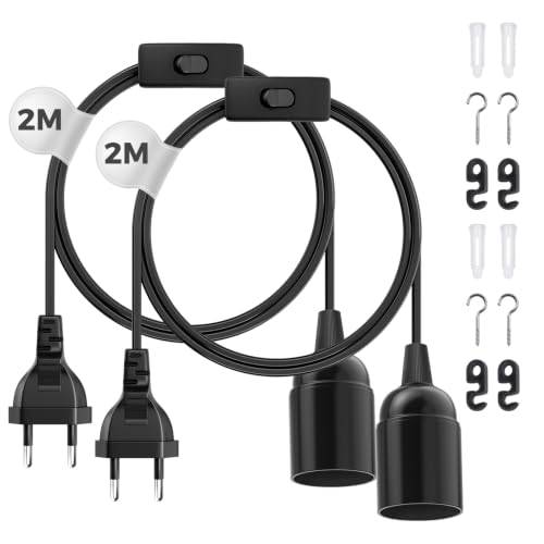 DiCUNO E27 lamphållare med sladd, E27 taklampa med på/av-knapp för tak, sovrum och kök, Svart, 0-250V, 4A, 2M, 2 st.
