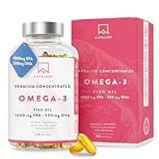 Omega-3 Fiskolja [ 2000 mg ] - Hög Styrka - Molekylärt Destillerad för Renhet och Fräschör - Källa för Fettsyror - 1000mg EPA - 500 mg DHA - 120 mjukgelskapslar - 60 dagars sortiment