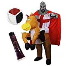 ILOVEFANCYKLÄNNING ZOMBIE ST GEORGES Knight KOSTUME + Uppblåsbar häst med förstärkta ben + falska blod + röd svart och vit facetmålning - storlek: medium