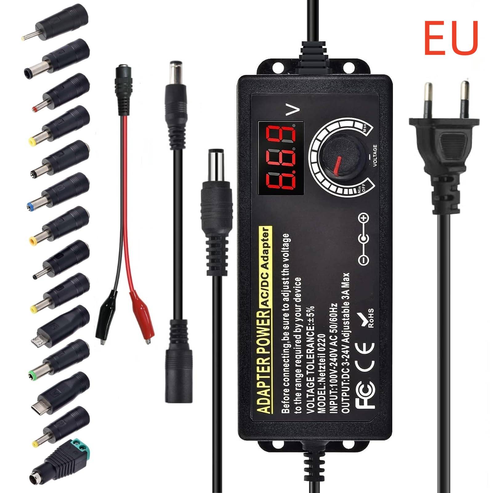 AC to DC Power Supply Adjustable Laboratory Supply Power Source 3V-24V-3A Portable Universal Adapter EU/US Plug Alligator Clip