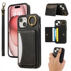 För iPhone 14 PU-läderfodral med kortplats och stödjefunktion, telefonfodral med handledsrem