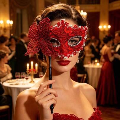 1 st handhållen maskeradmask för kvinnor, halvmask för ansiktet, blommig fest- och Halloweenmask, moderiktig halvmask som rekvisita, mystisk sexig mas - Multifärgad