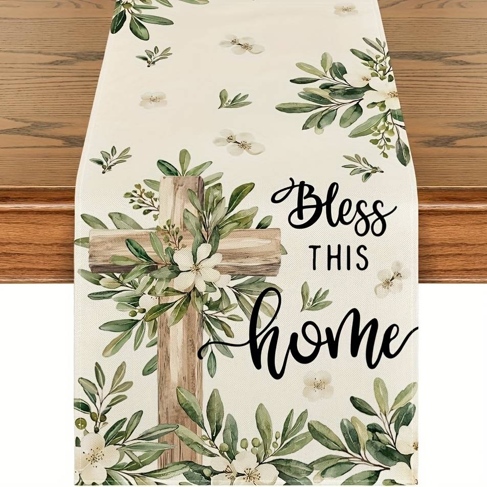 1pc, Linen Cross Olive Leaves Spring Table Runner, Seasonal Summer Easter Kitchen Dining Table Decoration For Home Party Decor 13x48/13x72/13x108/inch
