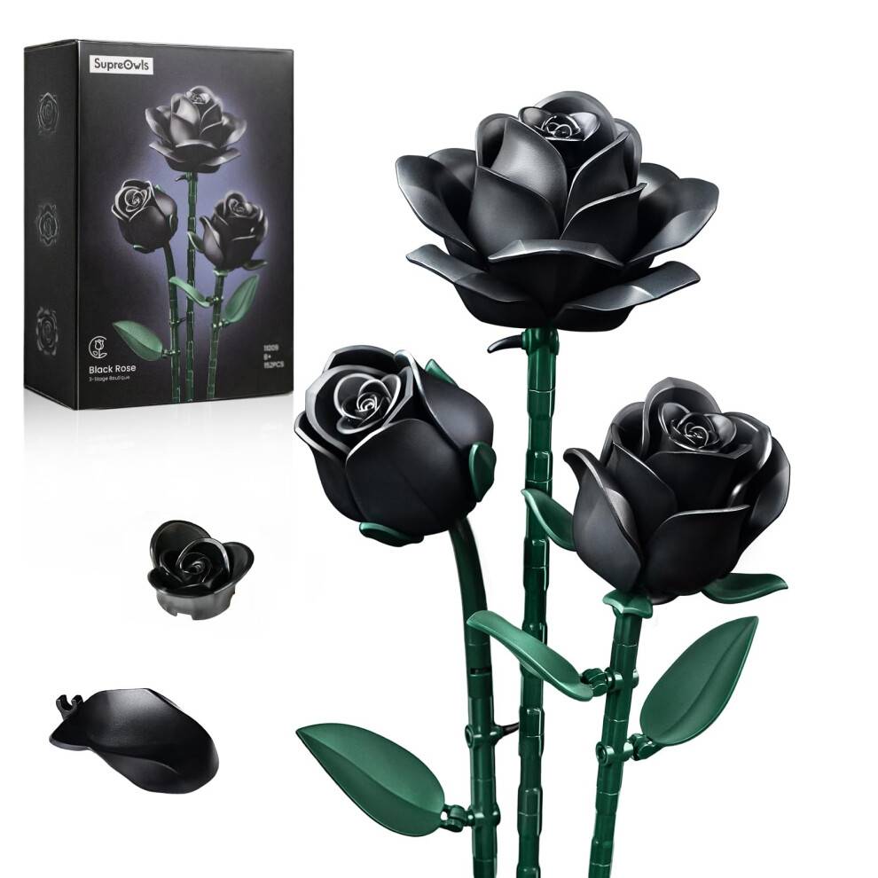 Sorte roser Blomsterbygges?t - 3Pak Bukets?t med kunstige blomster Kompatibel med Lego til voksne Gave til Valentines & Mors Dag - Gotisk Retro B