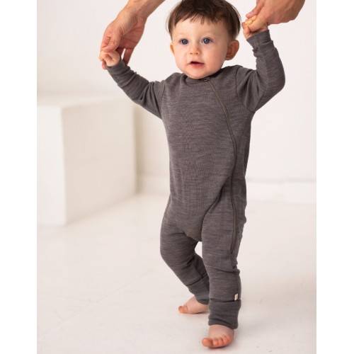 Heldragt I 100% Økologisk Merino Uld Med Lynlås I Siden Til Baby Light Brown Melange 80