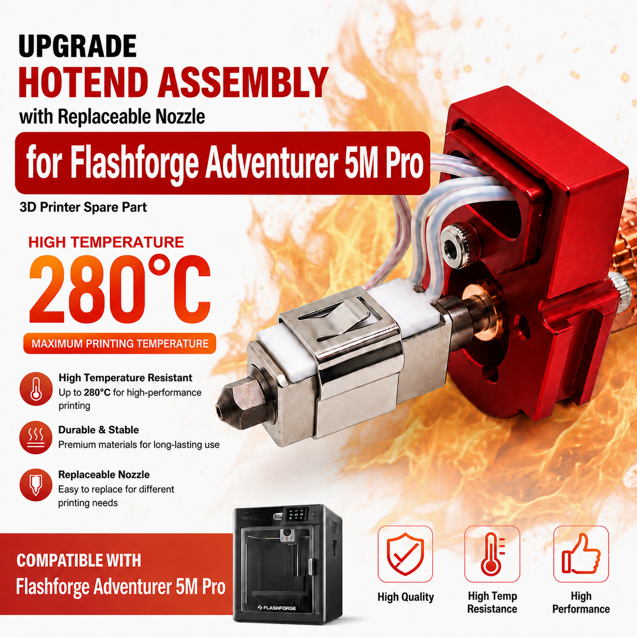 Flashforge Adventurer 5M 5M Pro AD5M Upgraded Hotend Kit Ceramic Heating Block Hard Steel Nozzle 3D Printing Replacement Parts