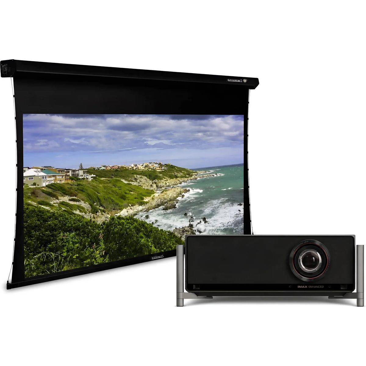 Lumene Coliseum UHD 4K 240C spændt akustisk vævet lærredsskærm + XGIMI. Titan