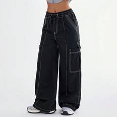 Enfärgad Draw String Pocket Casual Jeans - Svart - 26,27,28,30,32