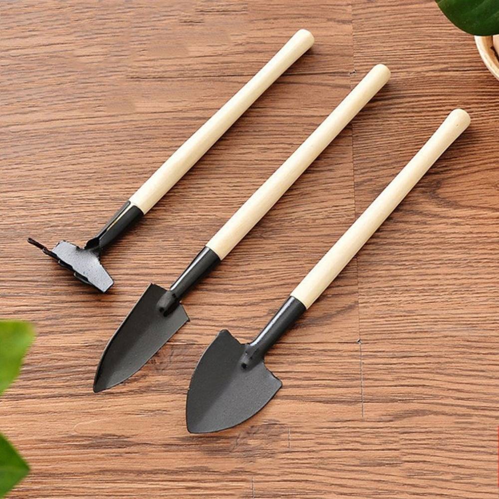 3 st / set mini trädgårdsredskap trähandtag rostfritt stål krukväxter spade rake spade för blommor krukväxt