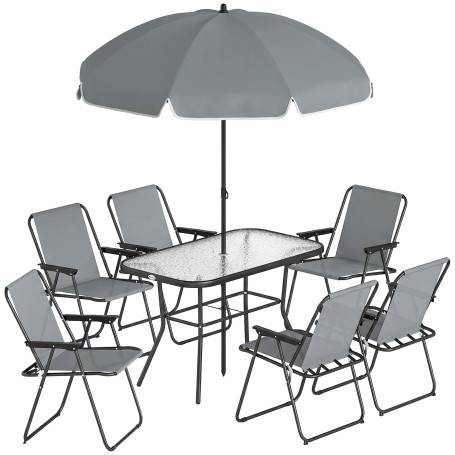 Trädgårds möbelset 6 Fällbara Stolar + Matbord + Parasoll Grå 119 x 68 cm Metall Och Glas